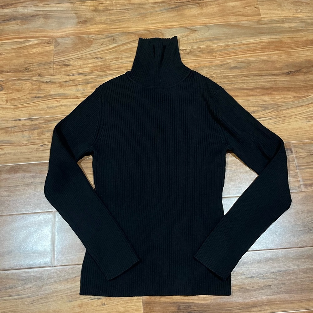 Chico's Medium Silk / Cotton Black Ribbed Knit Turtleneck Top
